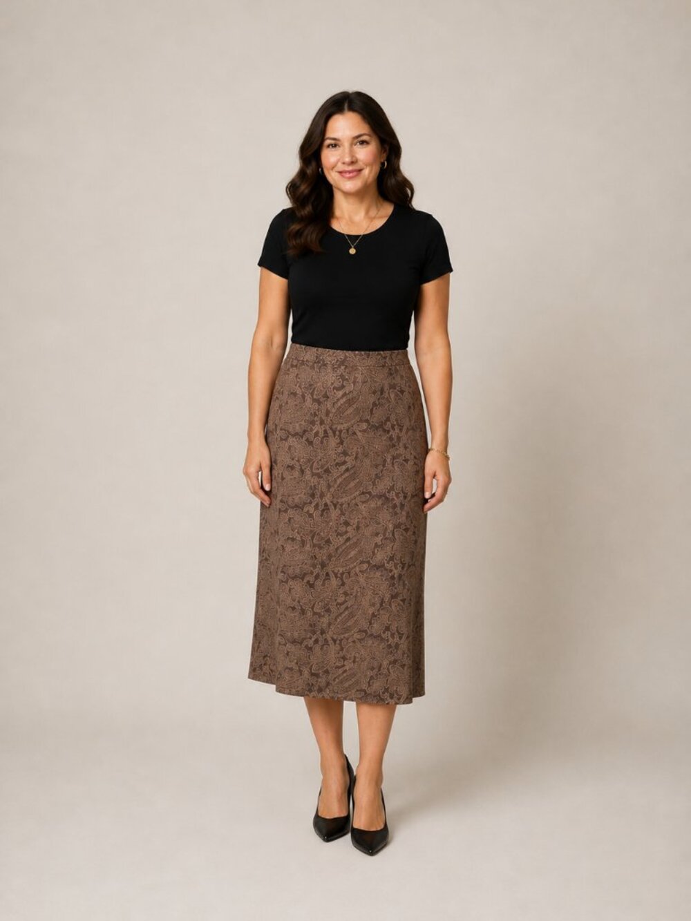 Preston & York 100% Silk Brown Paisley Midi Skirt Women’s Size 14